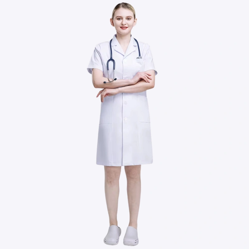 white lab coat short sleeve doctor female