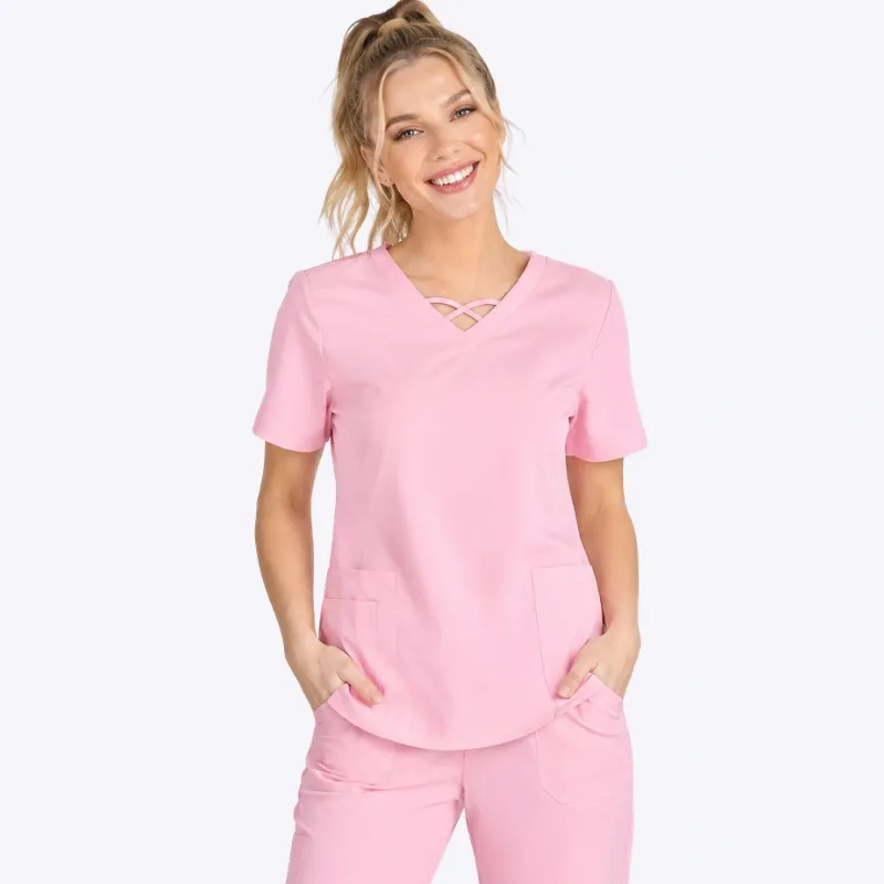 Cross Strap V-Neck Pink Scrub Tops Wholesale